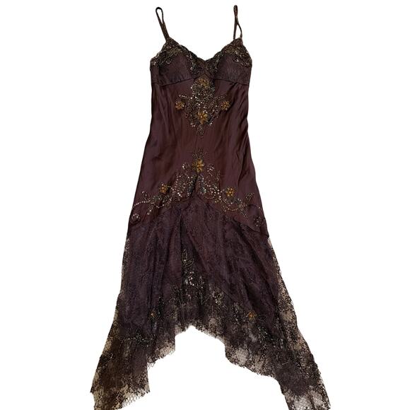 Cache Y2K Vintage 100% Silk Brown Lace Beaded Victorian Flapper Style Dress 4 - Picture 2 of 10